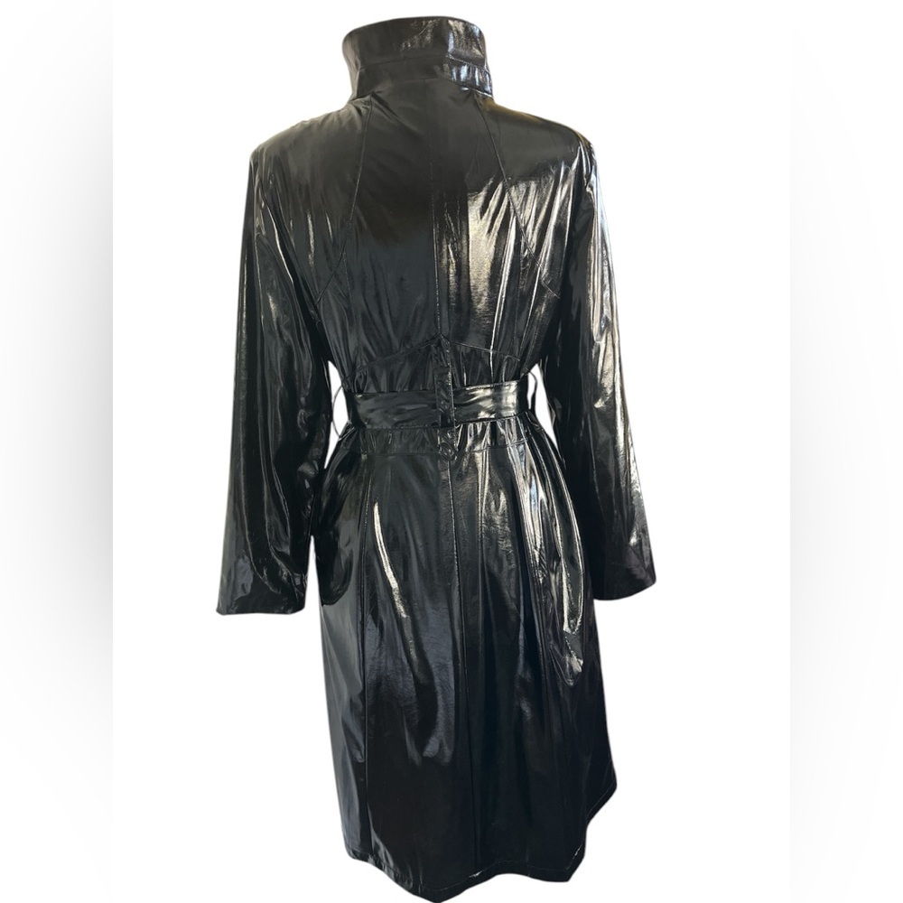 Calvin Klein Black High Shine Patent Faux Leather Trench Coat w/pockets Size M - Picture 5 of 17